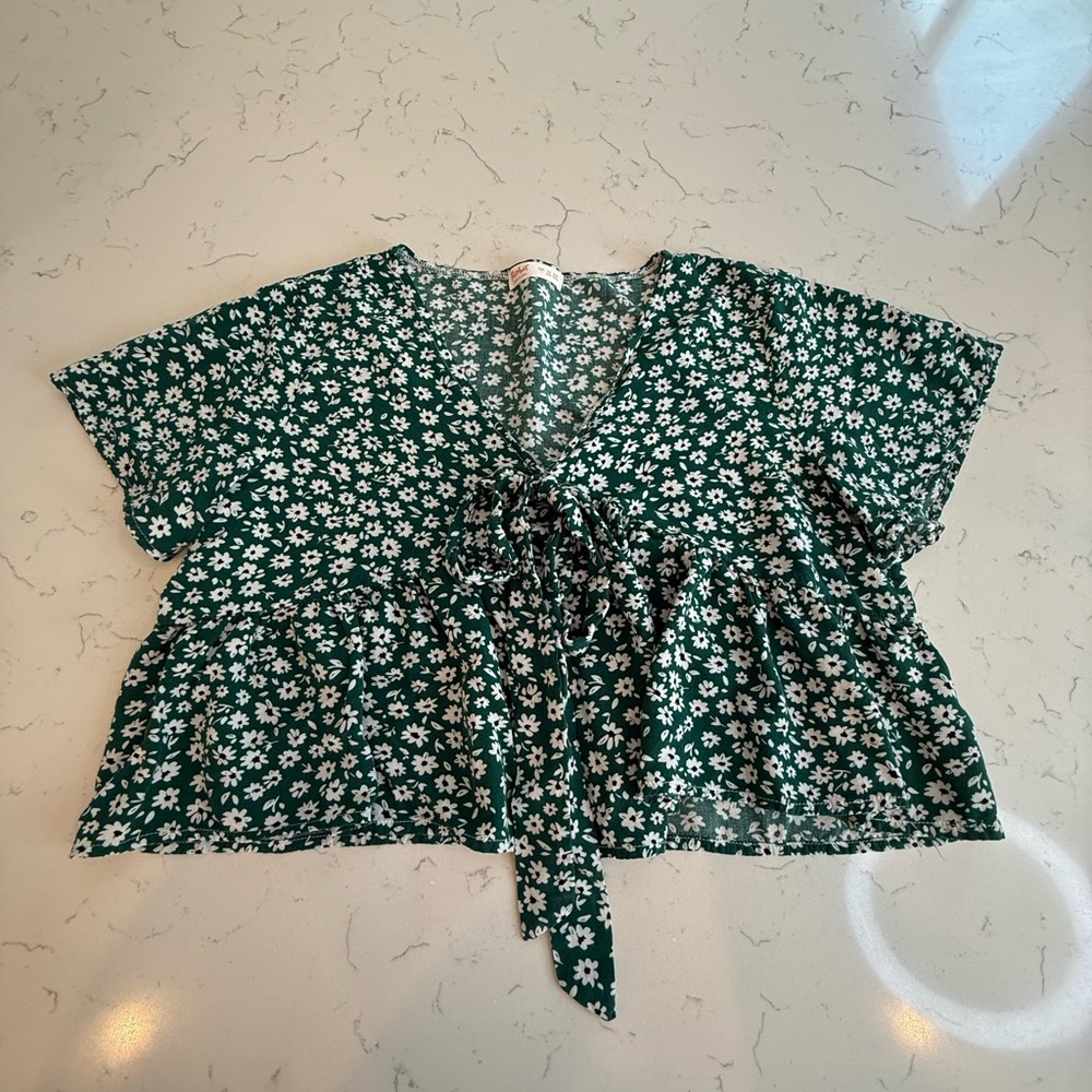 ROMWE Green Short Sleeve Tie Front Blouse